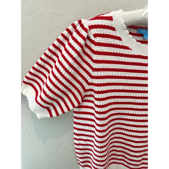 DRAPER JAMES | Red White Puff Sleeve Striped Knit Sweater Top | XL - Picture 4 of 8
